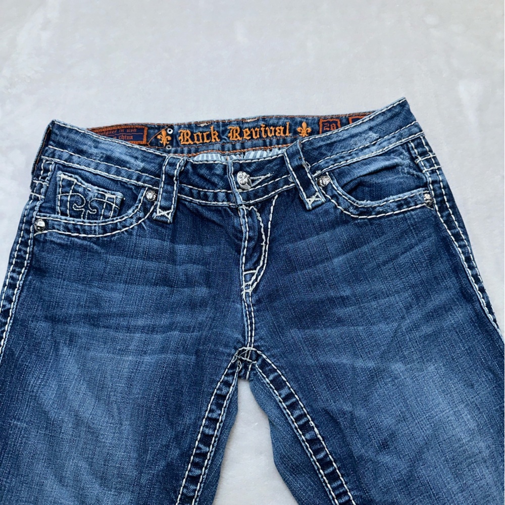 Rock Revival Jeans Womens 28 Blue Flap Pockets Distressed Eva Boot Low Rise